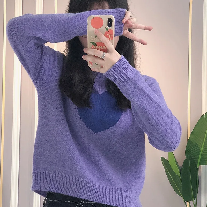 Purple Love Heart Leisure Mohair Sweaters Women Cute All-Match Casual Pullovers Fashion Streetwear Long Sleeve O-Neck Jumpers