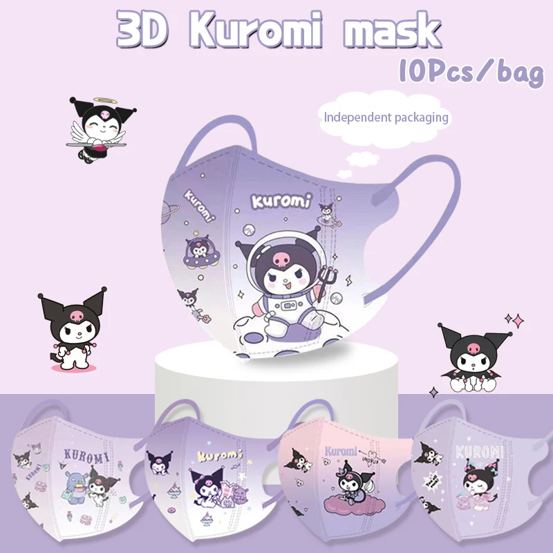 

10Pcs/pack Kuromi 3D Cartoon Mask Cute Girl Print Mask Disposable Travel Mask Independent Packaging 3D Kid Masks