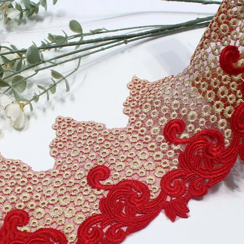 15Yds Red Gold Embrodiery Wave Shape Lace Trim Lingerie Sewing Craft DIY Apparel Fabric Lace Bikini Wedding