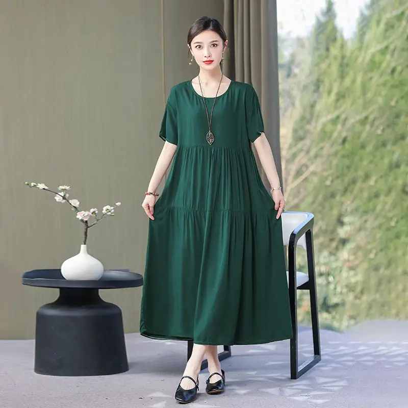 Fashion O-Neck Short Sleeve Loose Solid Color Folds Midi Dress Women Clothing 2024 Summer New Oversized Commuter Ladies Dresses