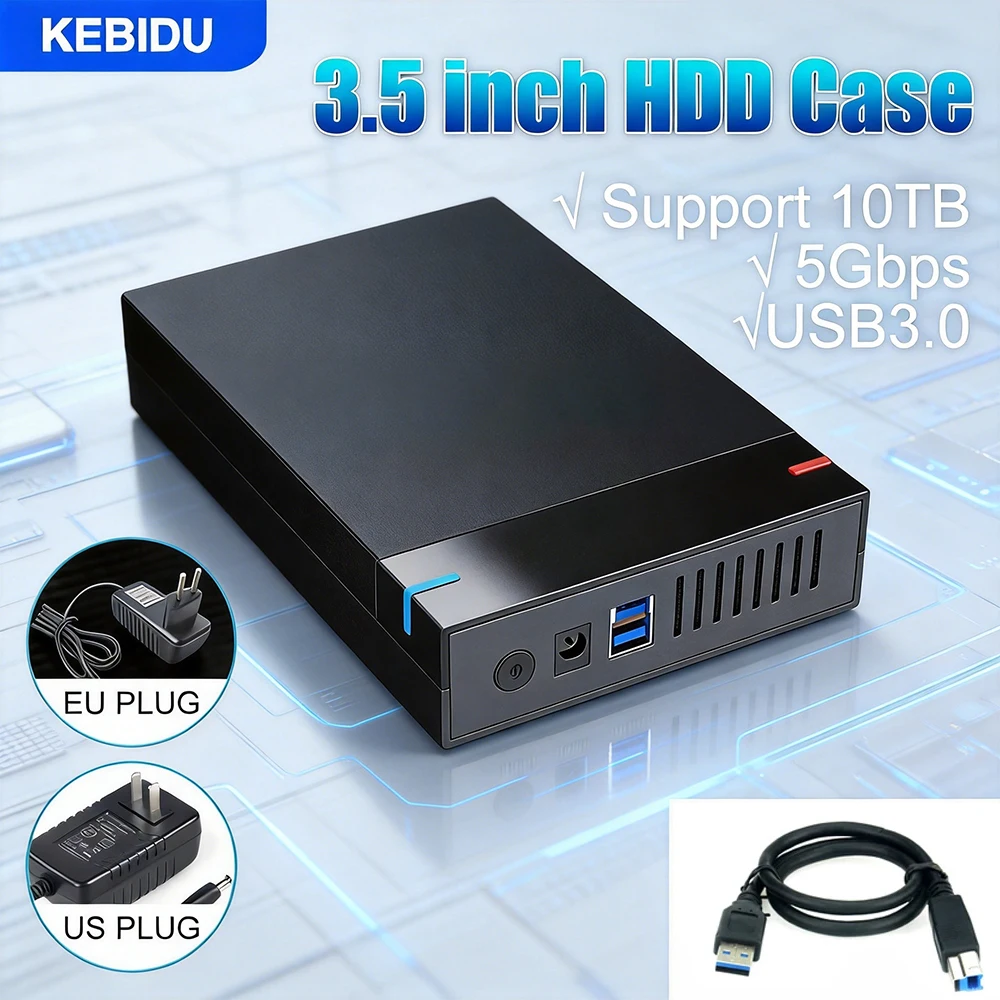 KEBIDU 3.5 Inch USB 3.0 SATA HDD Enclosure Portable External Hard Drive Box 10TB High Speed Case For PC Laptop TV Cellphone