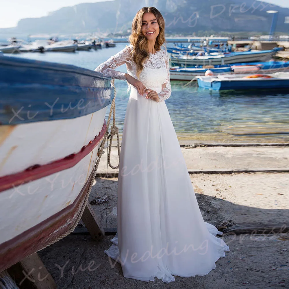 Mulheres vestidos de noiva de manga comprida, bonitos apliques com renda, vestidos de noiva generosos e graciosos, vestido de praia moderno