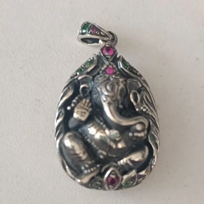 BOCAI New s925 silver retro ethnic style auspicious Buddha Thai silver lotus elephant trunk Buddha pendant for man  and woman