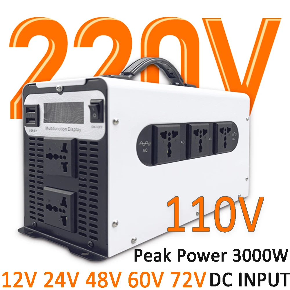 Peak Power 3000W Pure Sine Wave Off Grid Inverter For Car 12V 24V 48V 60V 72V Lithium LiFePO4 Gel Lead Acid Battery Converter