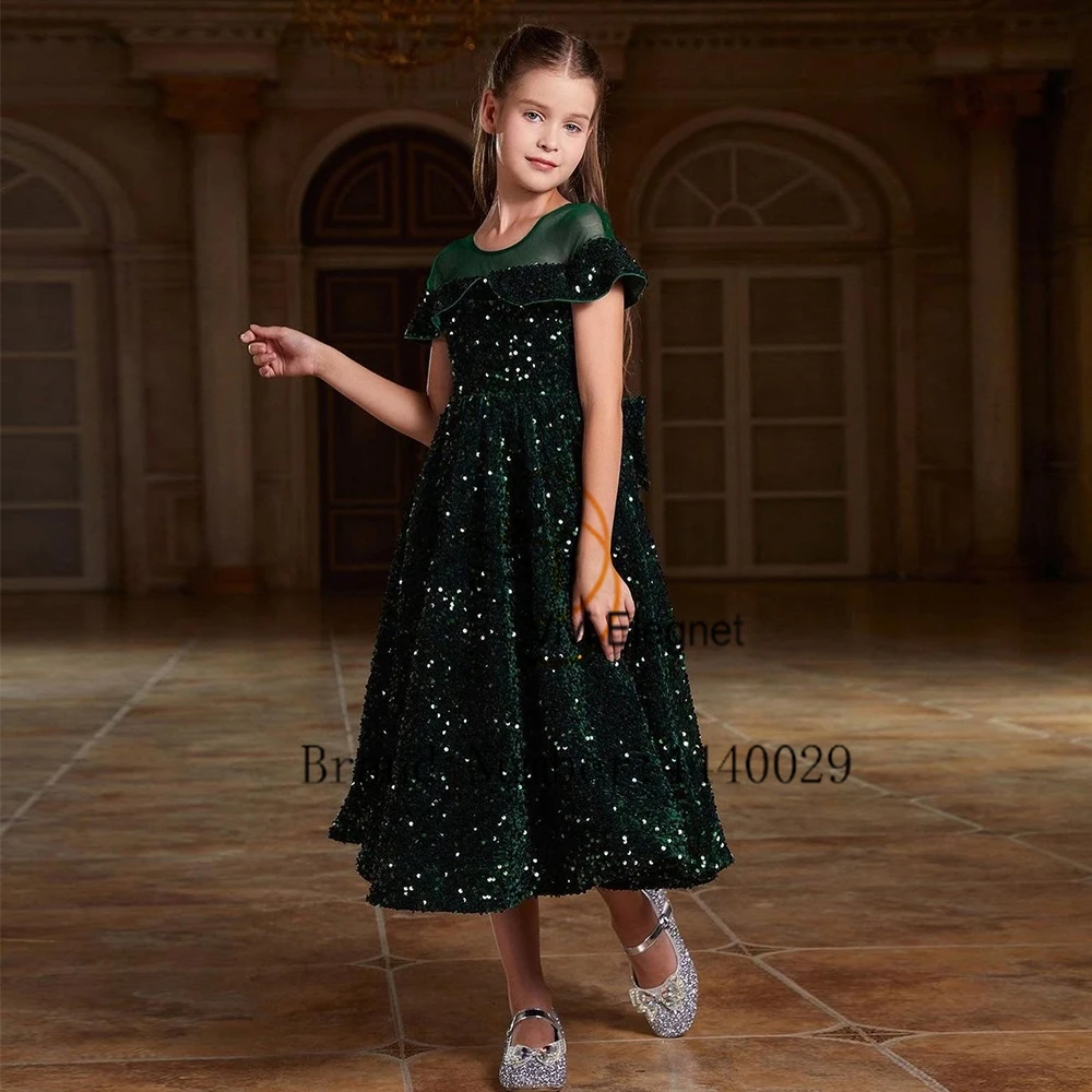 Charming Green Short Sleeve Flower Girls Dresses for Kids 2024 Tea Length Christmas Gowns with Sequined New فلور فتاة اللباس