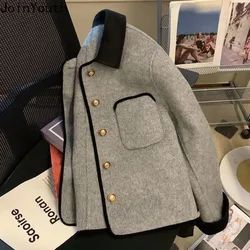 Temperament Ladies Tops Korean Vintage Jackets for Women Turndown Collar Single Breasted Outwear Fashion Solid Color Woolen Coat