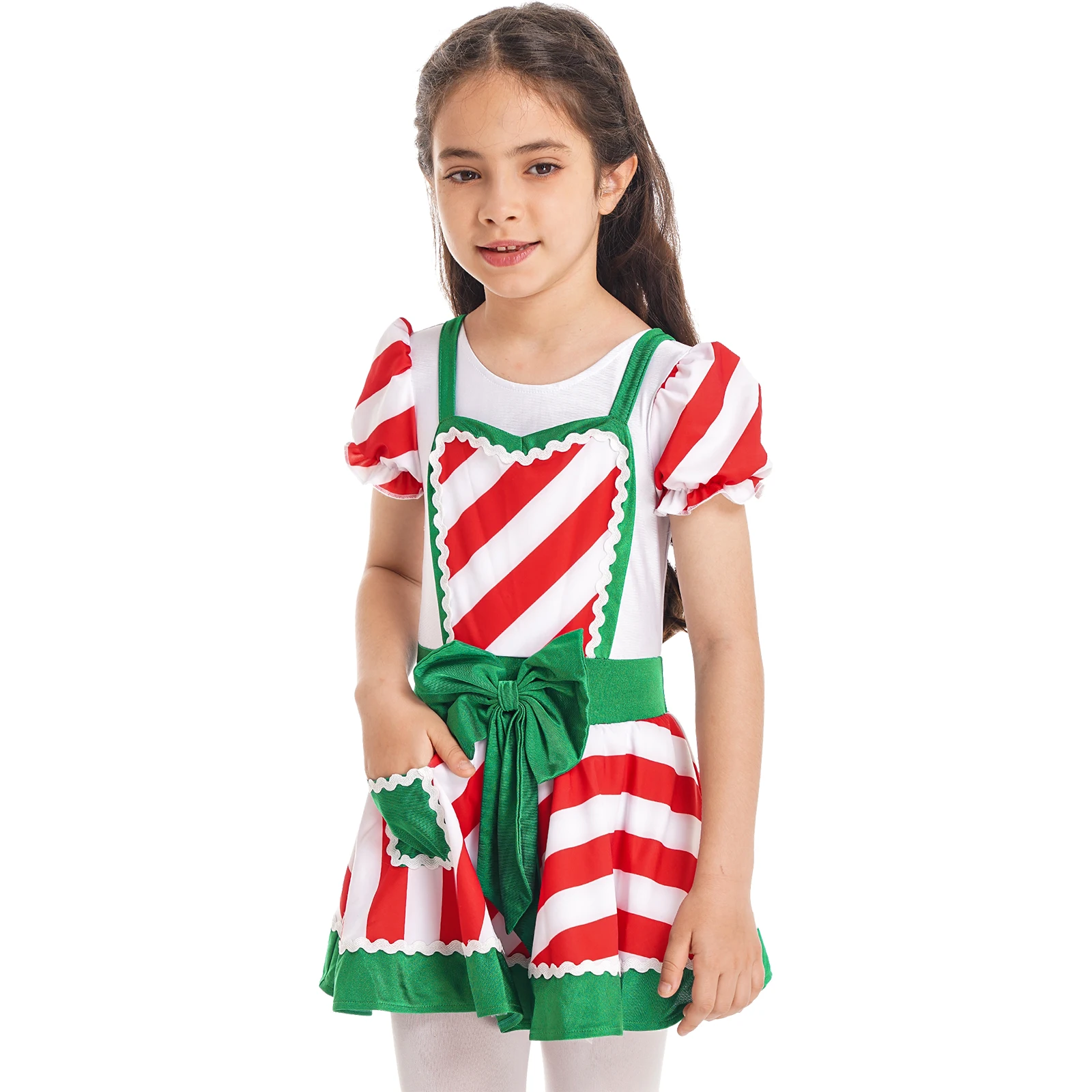 Kids Girls Christmas Costume Ruffle Cuffs Candy Cane Striped Crisscross Back Straps Bowknot Front Ballet Tutu Mesh Dance Dress