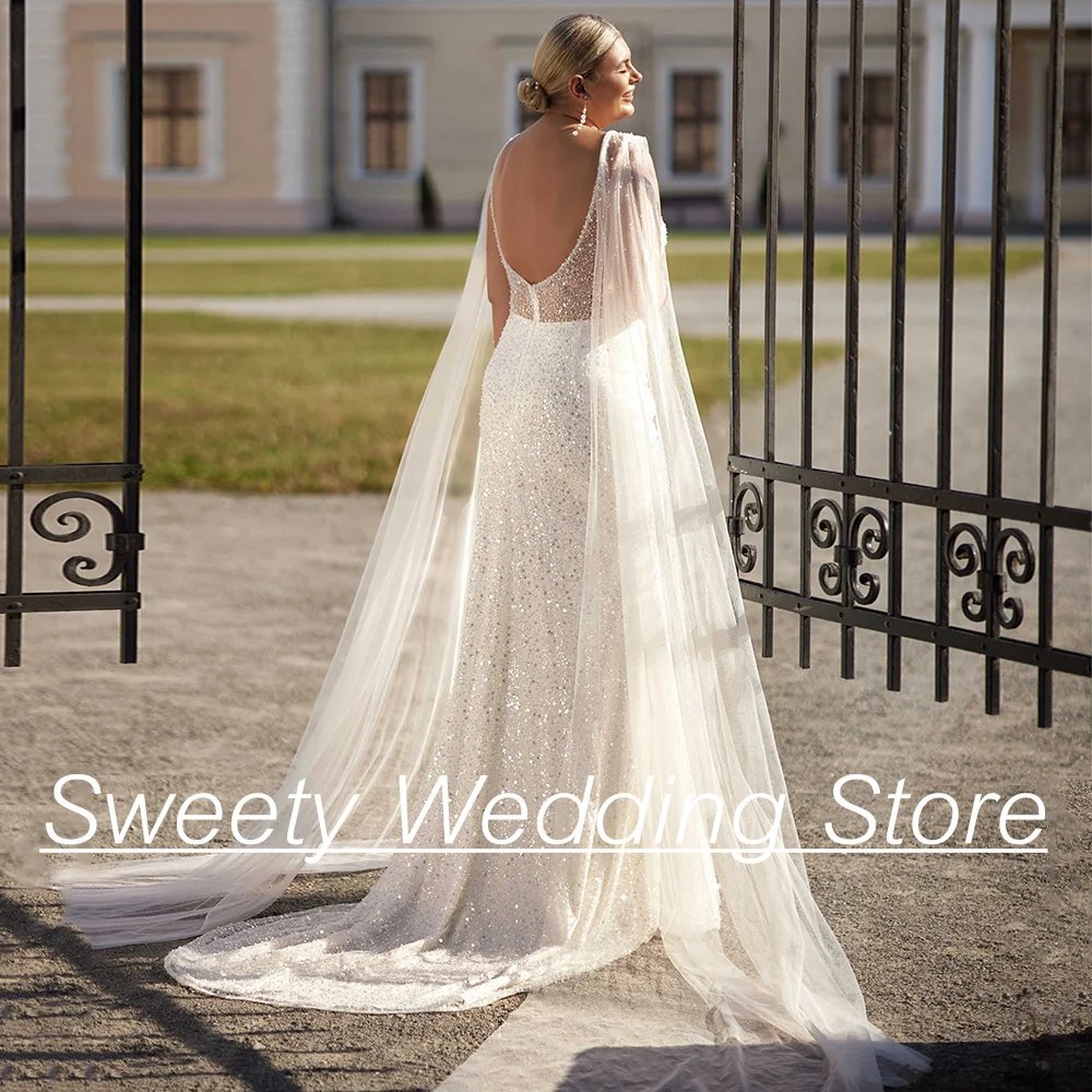 Plus Size Wedding Dresses for Woman with Tull Cape Spaghetti Straps V Neck Abiti Da Sposa Sparkling Mermaid Bridal Gowns