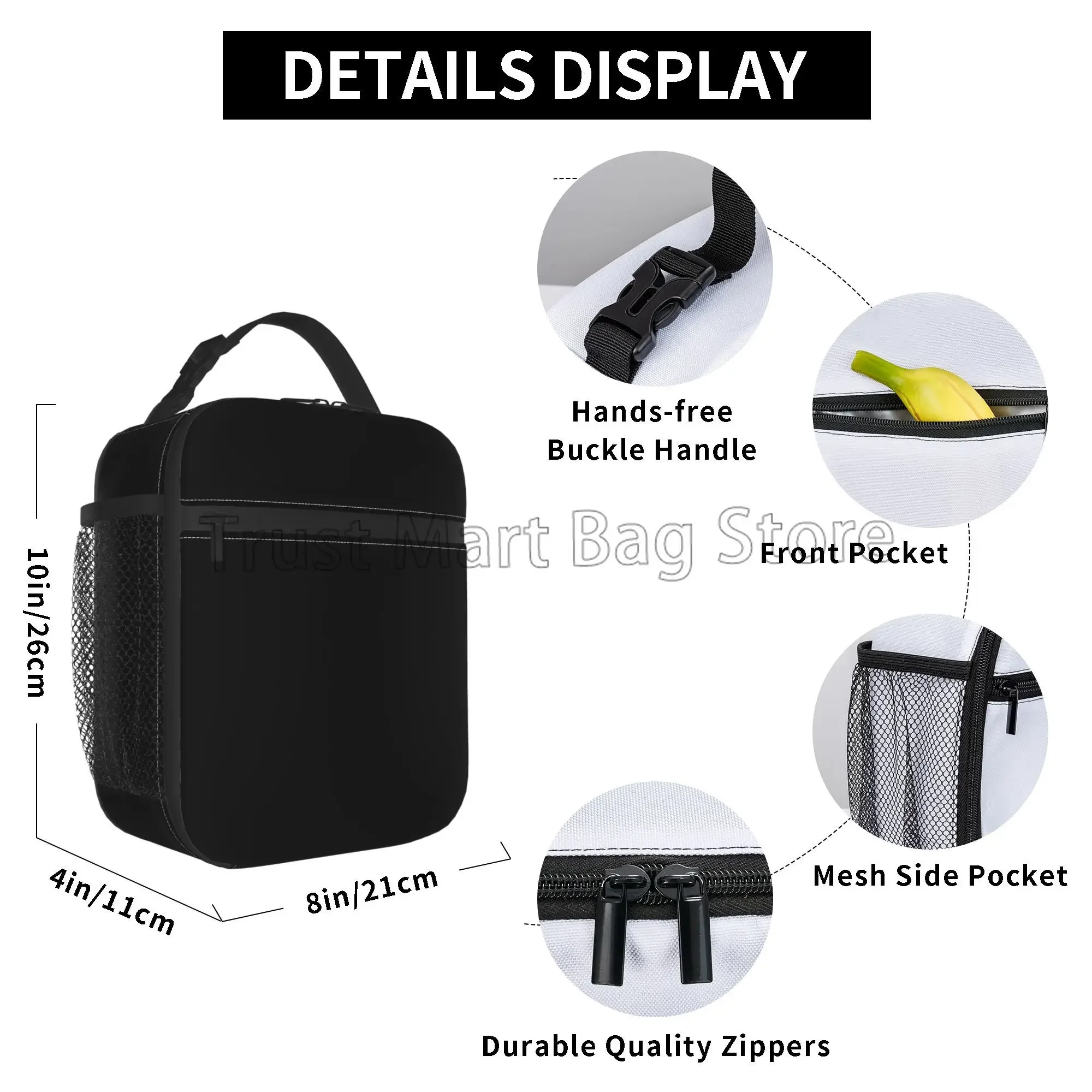 Black Insulated Lunch Bag Custom Solid Color Reusable Portable Waterproof Thermal Lunch Box Bento Tote for Office Work Picnic