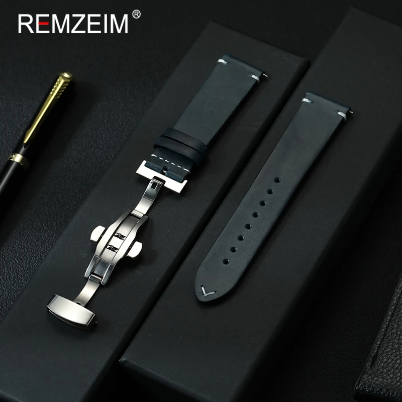 

Stitching Quick Release Replacement Wristband 18/20/22mm Watchband with Butterfly Buckle Vintage Calfskin Leather Watch Strap