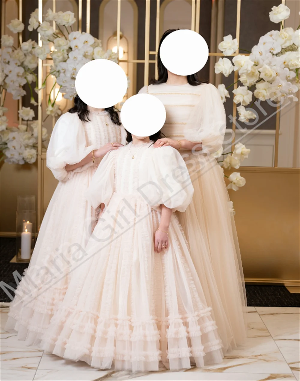 فساتين المناولة الأولى بأكمام قصيرة ورقبة عالية شبكية منفوشة أنيقة لفتاة الزهور مناسبة لحفلات الزفاف #1