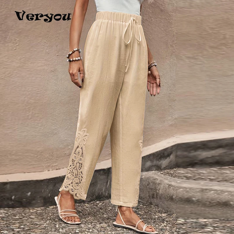 

Spring Summer Women Pants Fashion High Waist Lace Patchwork Drawstring Trousers For Women Casual Loose Pants