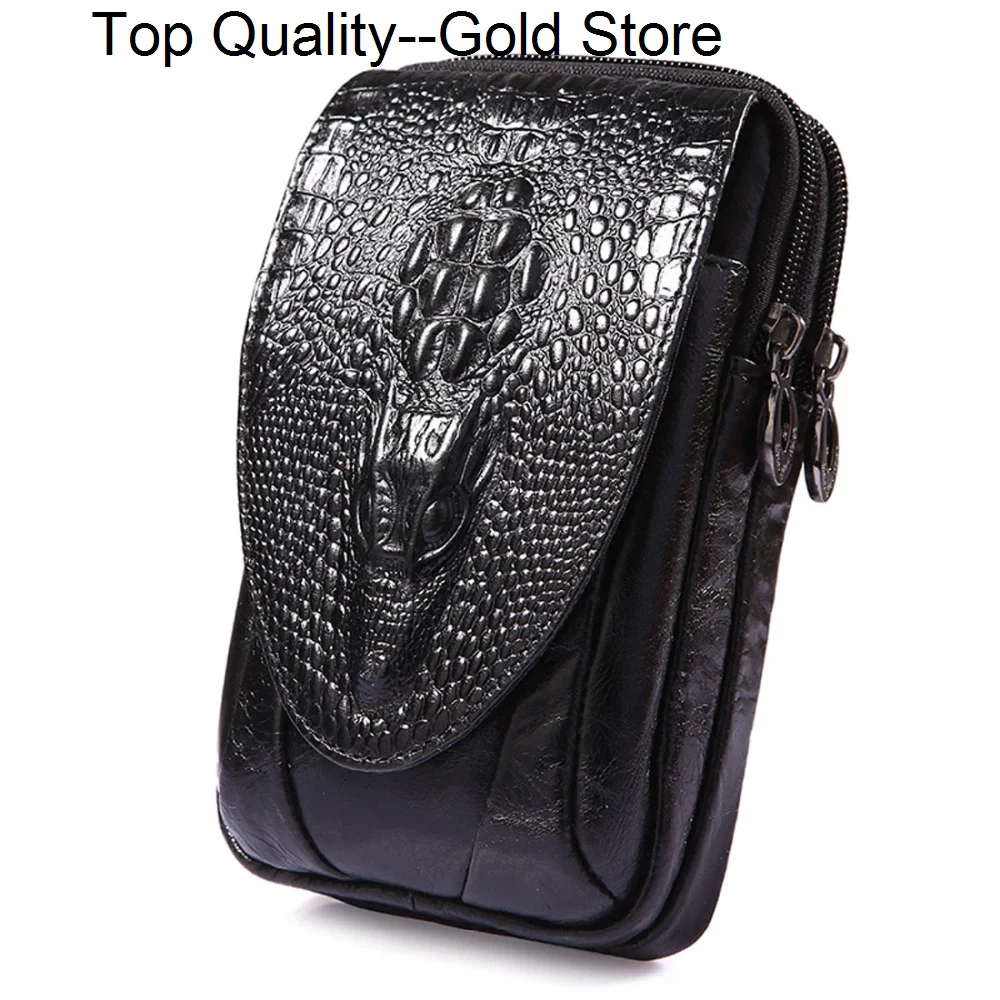 

Men Genuine Leather Waist Bag Crocodile Grain Cell/Mobile Phone Cover Case Pocket High Quality Cowhide Hip Belt Bum Fanny Pack