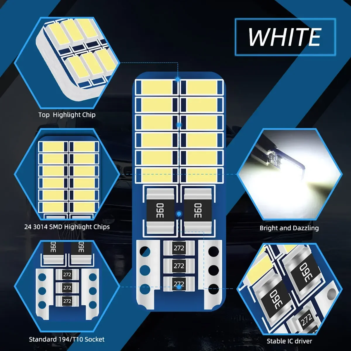20PCS T10 W5W LED Canbus 3014 24SMD No Error 194 168 T10 LED Car Interior Instrument Light Bulb Lamp 12v  White 6000k Universal