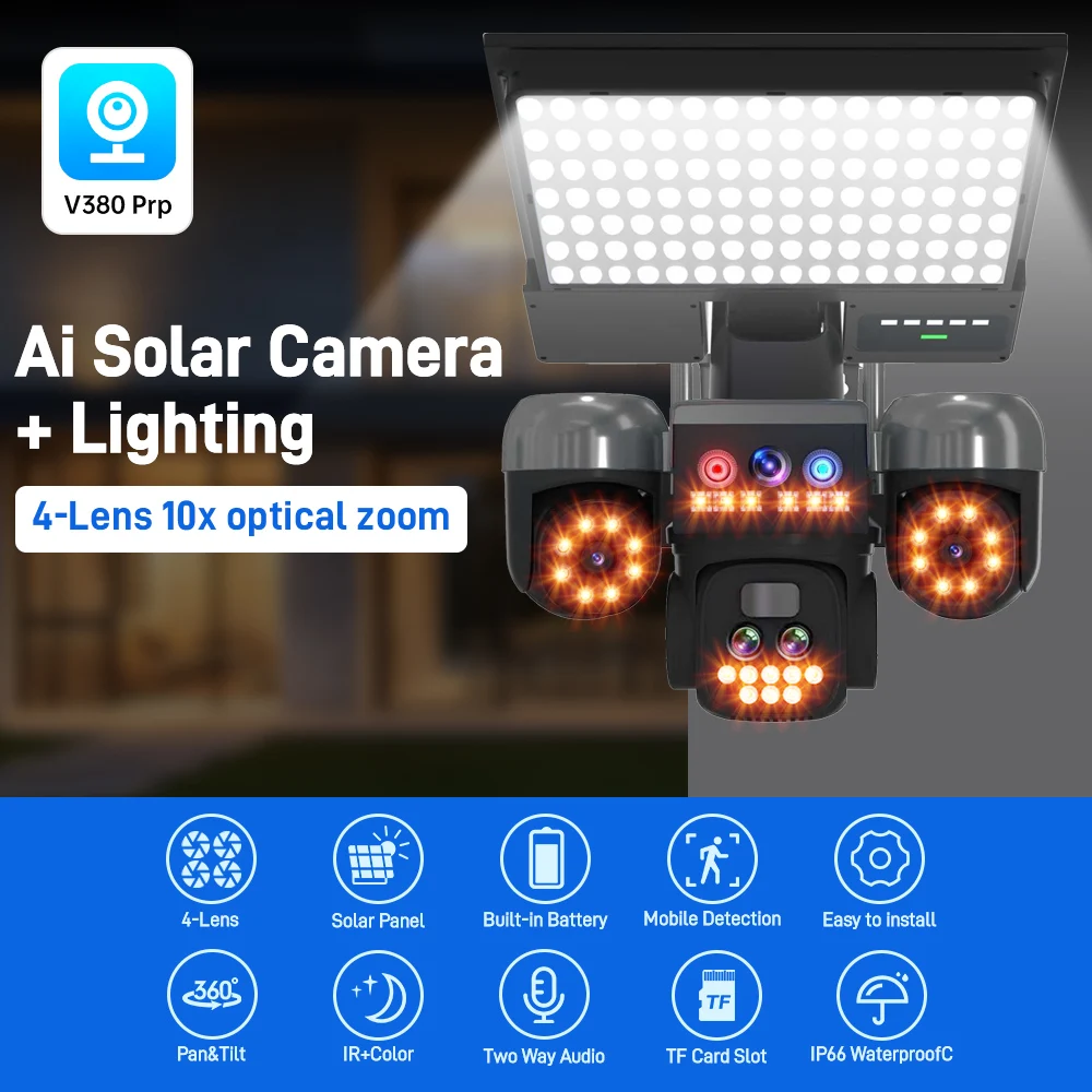 كاميرا CCTV تعمل بالطاقة الشمسية لتتبع التكبير التلقائي، 8 ميجابكسل PTZ، كشف الإنسان، إنذار صفارة الإنذار والأضواء، محادثة ثنائية الاتجاه، لا حاجة إلى سلك