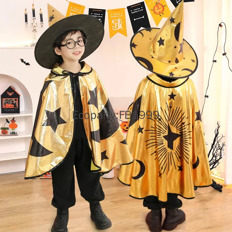 2pcs Set Kids Halloween Magician Costume Gold Stars Moon Printed Cloak With Witch Hat Children Carnival Party Fancy Dress Up