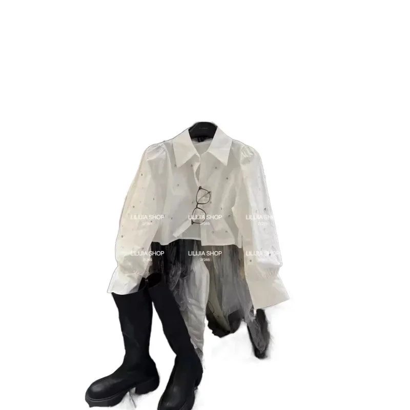 قمة الموضة الجديدة فقاعة الأكمام طويلة الأكمام قميص فضفاض قصير قميص بولو الرقبة سترة الإضافية المرأة أوائل الربيع