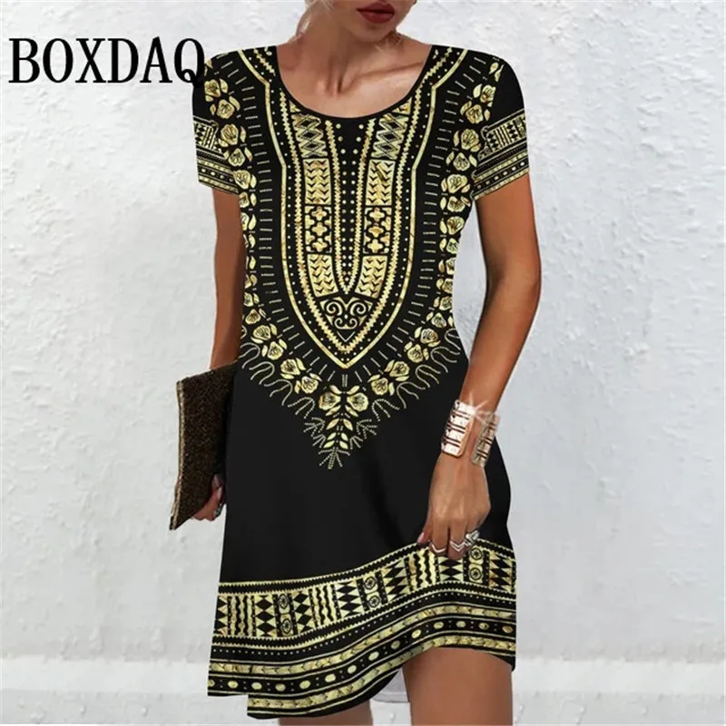 Women\'S Short Sleeve Dresses Summer Women Clothing Vintage Flower Print Fashion A-Line Dress Casual Lady Loose Plus Size Dresses
