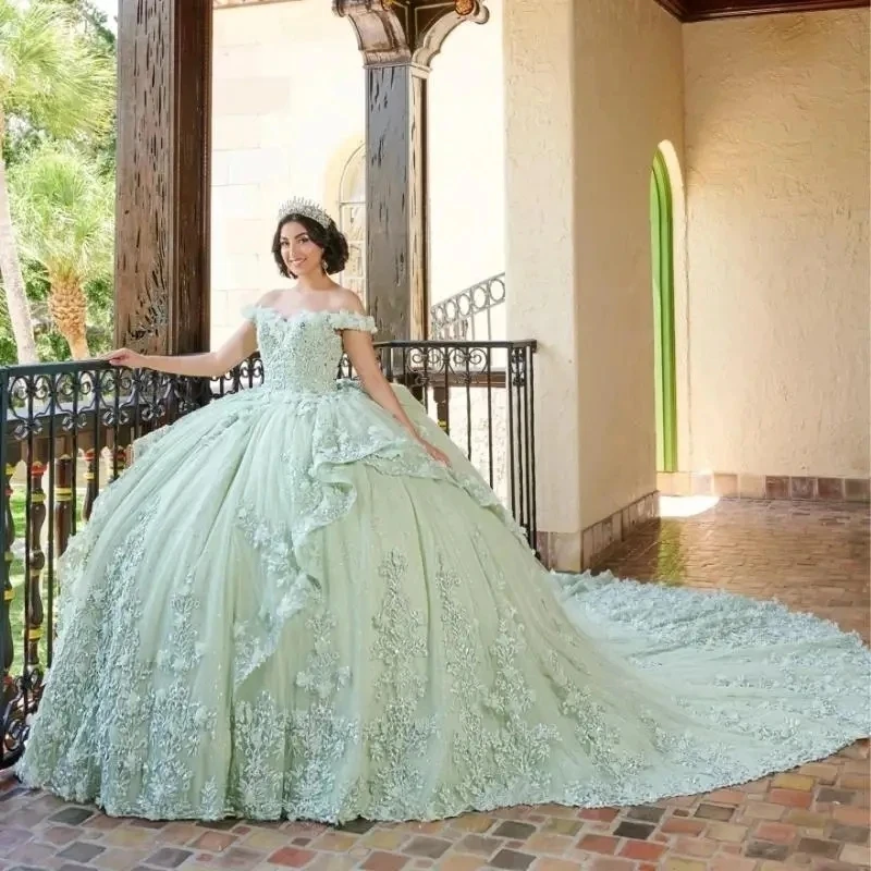 

Мятное платье для Quinceanera 2024, бальное платье принцессы, кружевное платье с аппликацией и бисером, красивое платье 15 16, платья с открытыми плечами 15 De