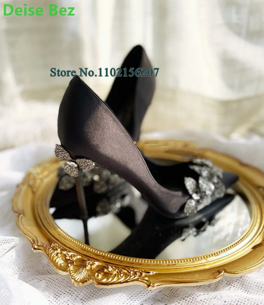 

Black Satin Fabric Crystal Flower Design Pumps For Female Women Thin High Heel Elegant Comfortable Pointed Toe Fashion Shoes