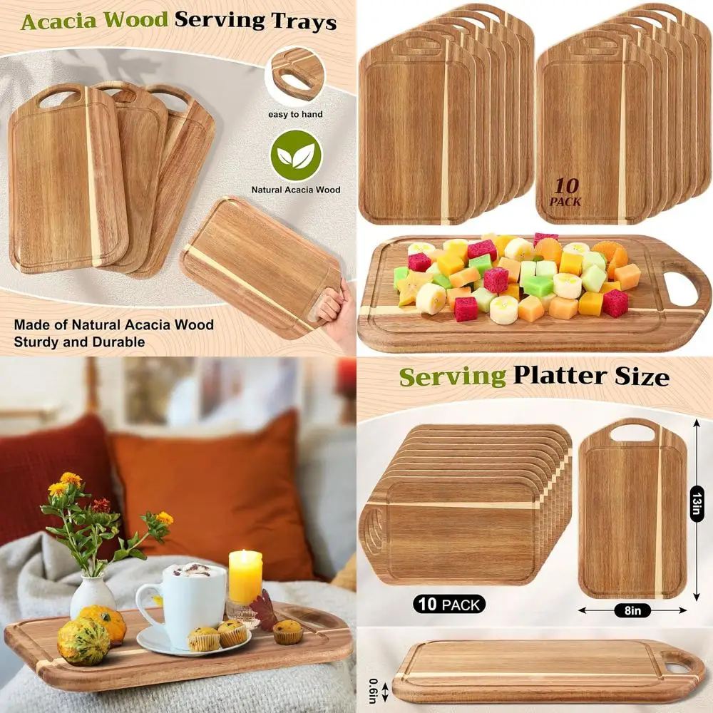 

Set of 10 Acacia Wood Charcuterie Boards with Handle, 13x7.8in Bamboo Serving Trays for Kitchen, Parties, and Gifts