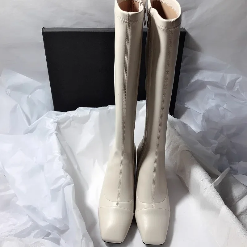 

2025 Hot Selling High Quality Vintage Low Heel Woman Knee High Boots Shoes Fashion Ladies Elegant Square Toe Knight Booties