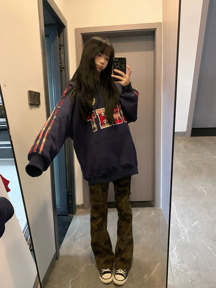 

Женская утепленная толстовка оверсайз с вышивкой и надписями, в уличном стиле, осенне-зимняя, повседневная, комфортная