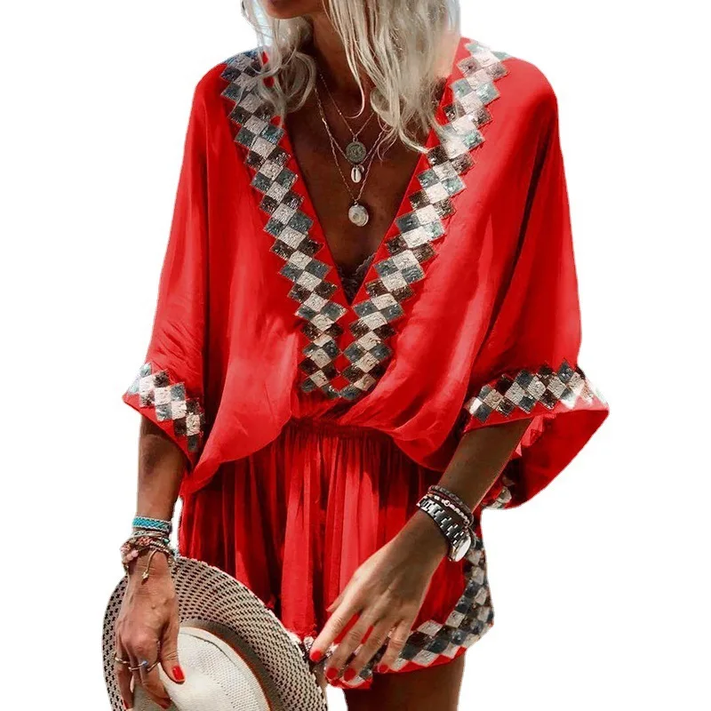 Summer Beach Bat Sleeve Loose Jumpsuit Fashionable Ethnic Style Printed Sexy Deep V-neck Five Quarter Sleeve Casual Jumpsuit XXL