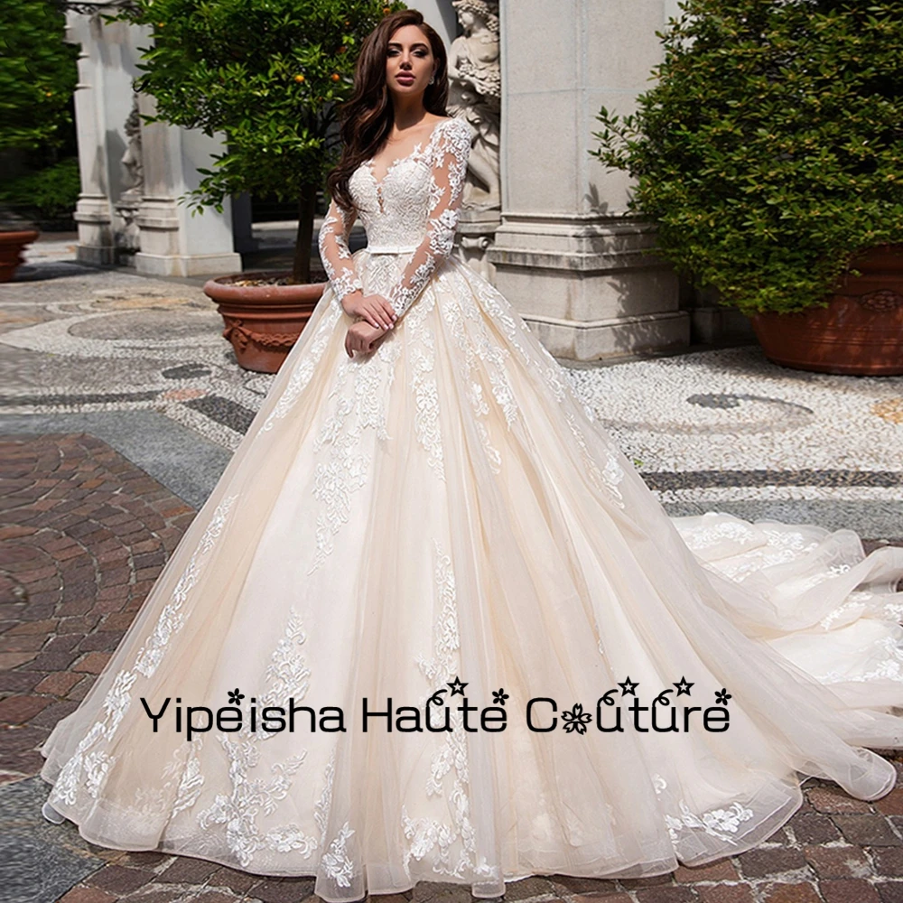 Yipeisha Ballkleid Champagner Empire eine Linie Organza Spitze Sweep Zug Brautkleider voller Ärmel Brautkleider Gürtel bis 2022