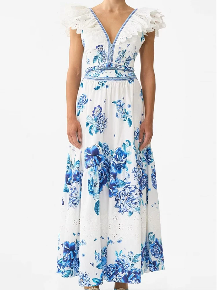 

Spring/summer 2025 new two-piece flying sleeve V-neck strap top+high waist and big skirt fashion printed women's suit