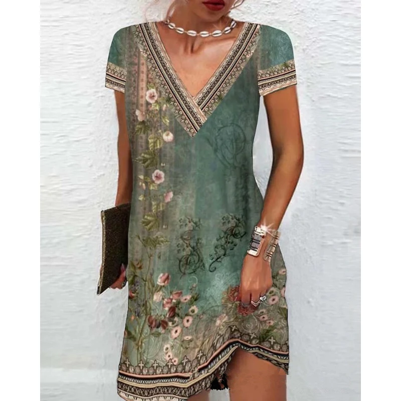 Y2K INS Clothes Summer Autumn Short Sleeve V Neck Floral Print Aline Vacation Dress Elegant Women Bohemian Dress