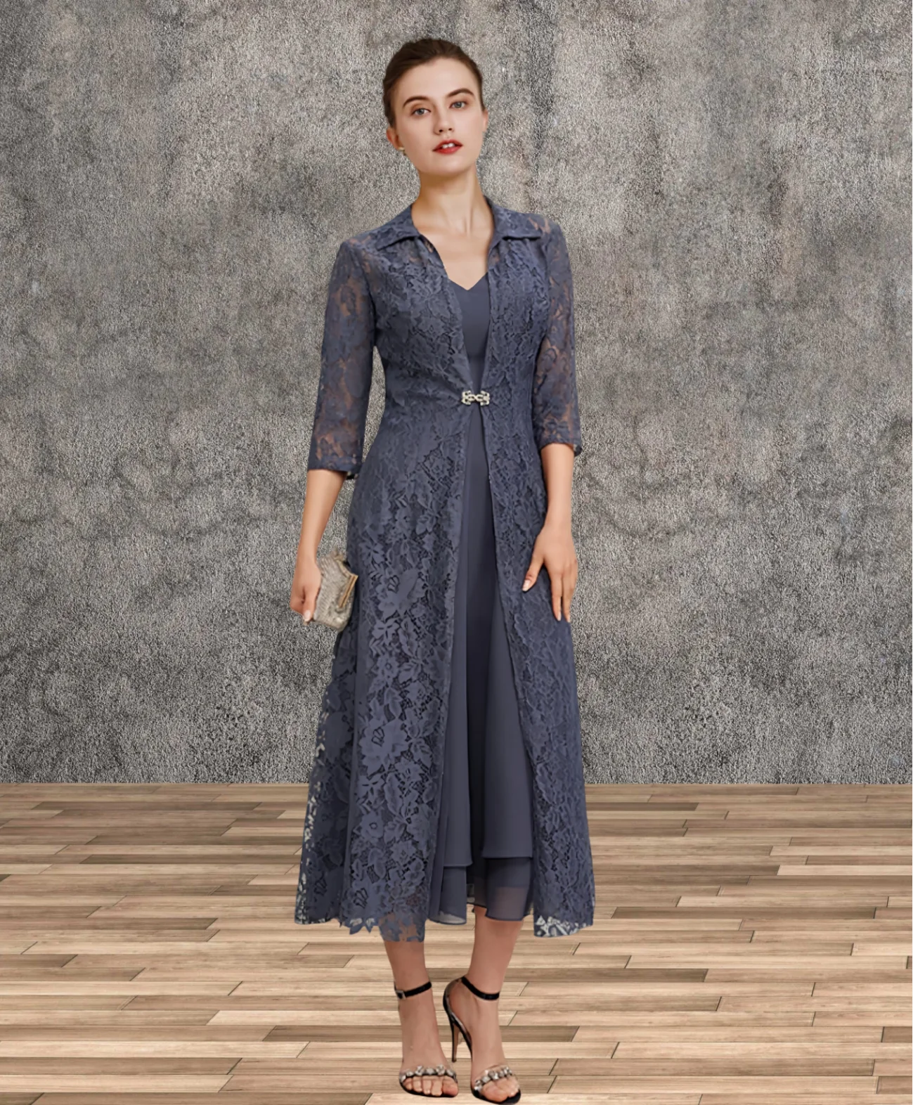 A-Line Mother of the Bride Dress Elegant V Neck Tea Length Chiffon Lace Sleeveless Jacket Dresses with Tier Solid Color 2024