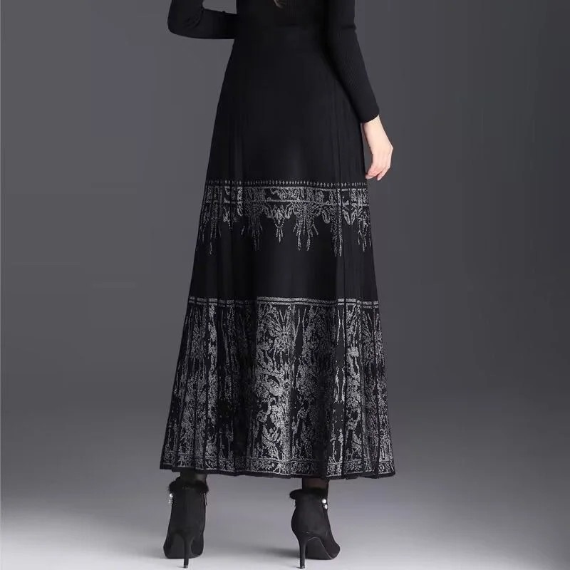 Autumn and Winter New Chinese Style Horse Face Women's Mid-length Pleated Retro Slim Knitted Skirt