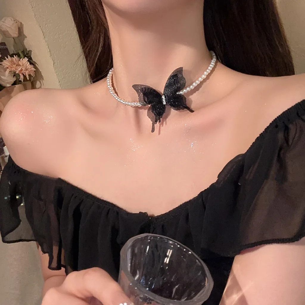 Chain Girl Gift Elegant Gauze Imitation Pearl Girl Choker Fashion Jewelry Women Butterfly Necklace Korean Style Necklace