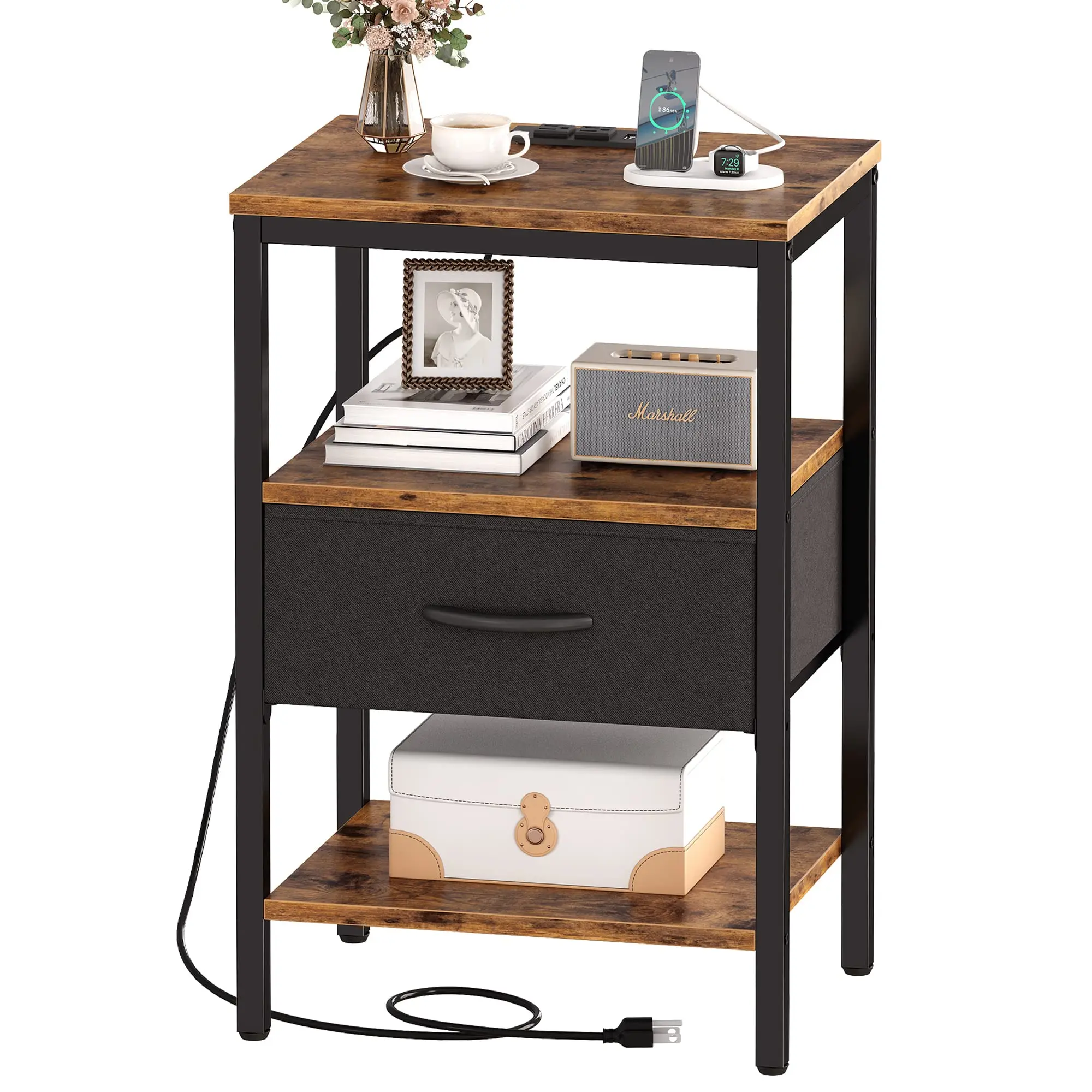 @Simple Bedside Table Sofa Flat Machine, Non-woven Fabric Drawer with Socket, Cross-border Metal Bedside Table, Small Table