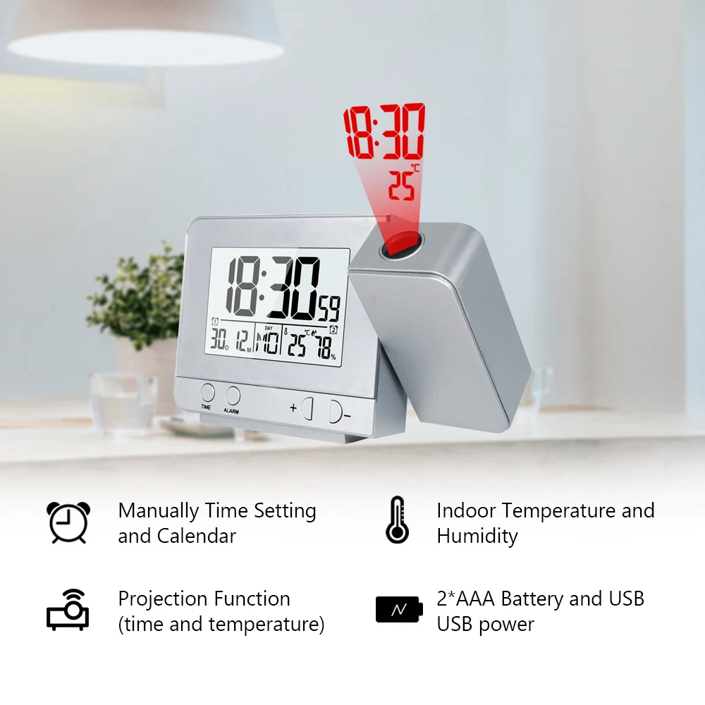 Projection Digital Temperature Humidity Clock Electronic LCD Thermometer Hygrometer Alarm Projector Time Watch USB Tool Home