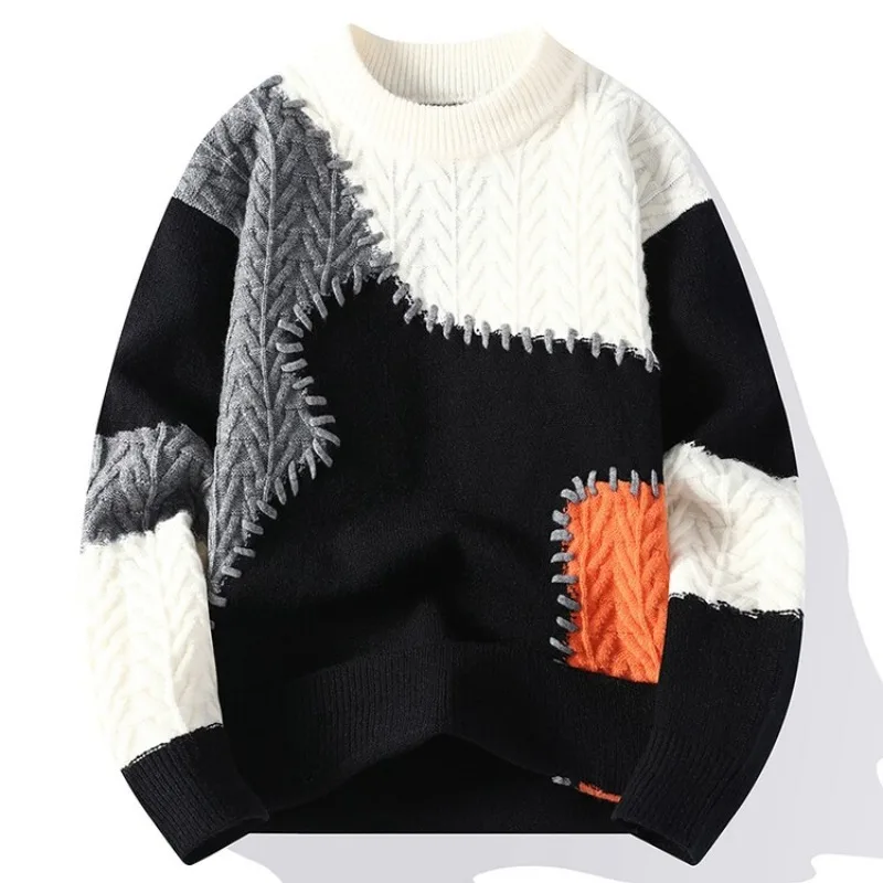 Sweater rajut leher O pria, pakaian pullover longgar kualitas tinggi kasual sambungan sweater rajut musim dingin 4XL