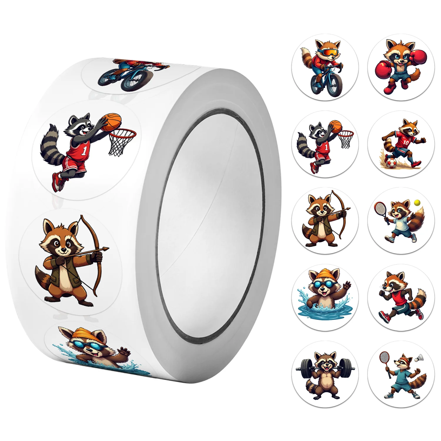 

1 рулон (500 шт.) милые спортивные наклейки с изображением енота 2,5 см/1,0 дюйма, 10 дизайнов, наклейки, украшения своими руками, подарки, упаковка, украшение для дома, уплотнительные этикетки
