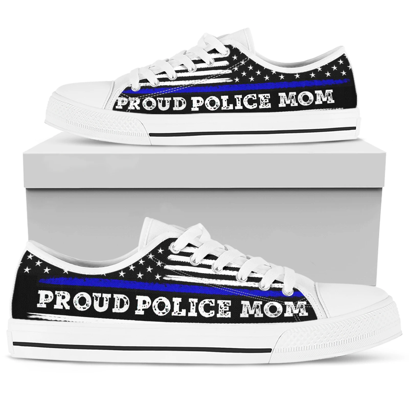 ELVISWORDS Proud Police Mom Print Sneakers Thin Blue Line Women's Shoes White Soft Sole Lace Up Shoes American Flag Flats