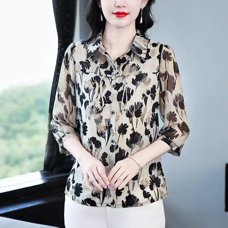 Chinese Style Shirt With Frog Buttons Print Loose Fit Mid Sleeve Elegant And Versatile Concealing Tummy Top