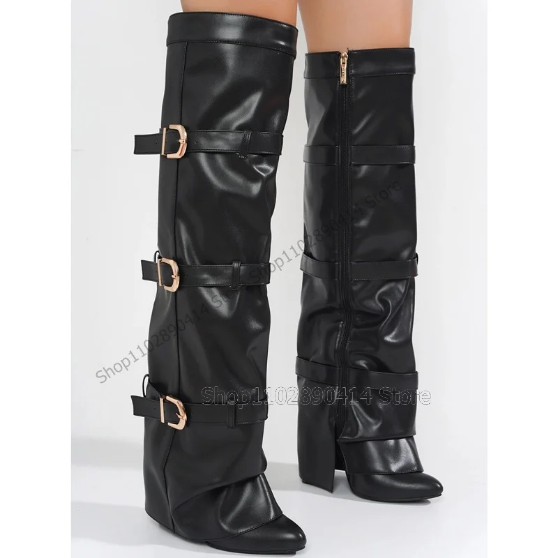 Black Buckle Decor Turned Over Pointed Toe Boots Side Zipper Women Shoes Knee High Sexy Fashion Runway 2023 Zapatos Para Mujere