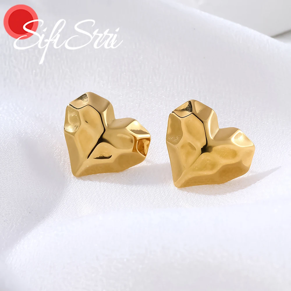 Sifisrri Vintage Minimalist Pleated Heart Stud Earrings for Women Stainless Steel Gold Color Trendy Fashion Earring Jewelry Gift