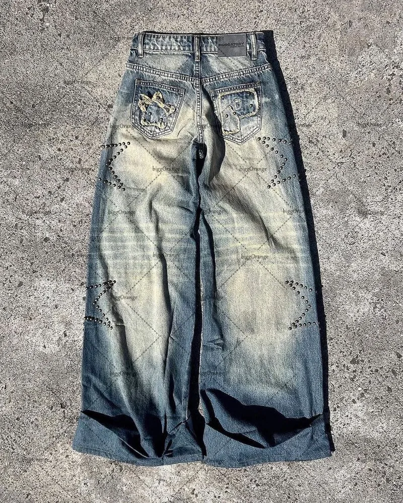 2023 najnowsza diamentowa jeansy w stylu amerykański, nowy z gwiazdami główna ulica marki mody męskiej Y2K spodnie Retro casualowe spodnie z luźna szeroka nogawkami