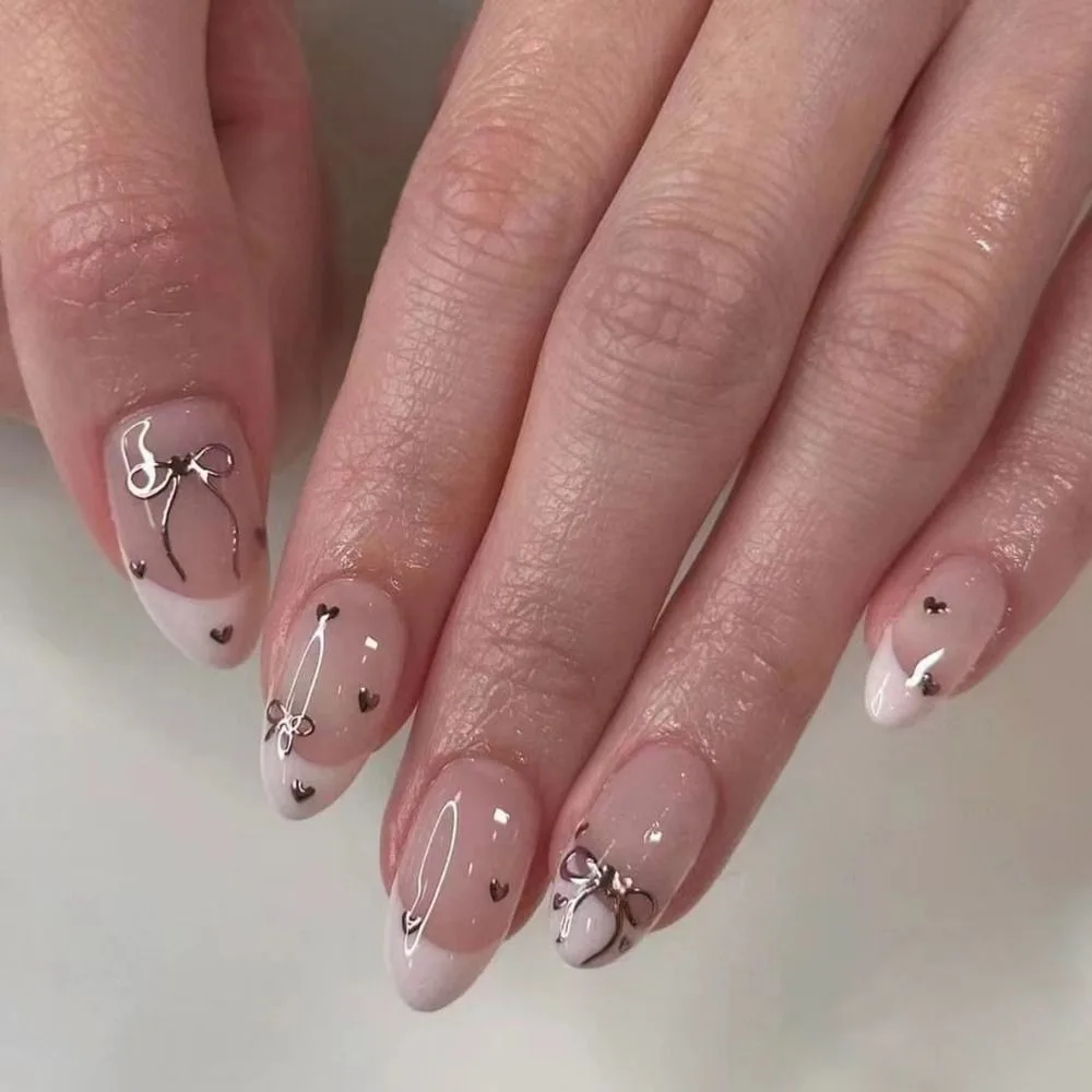 24Pcs Sweet Pink Almond Fake Nails Stiletto Pink Bowknot French Cute Pearl Bows Fake Nails Girls Women Wearable Manicure 4