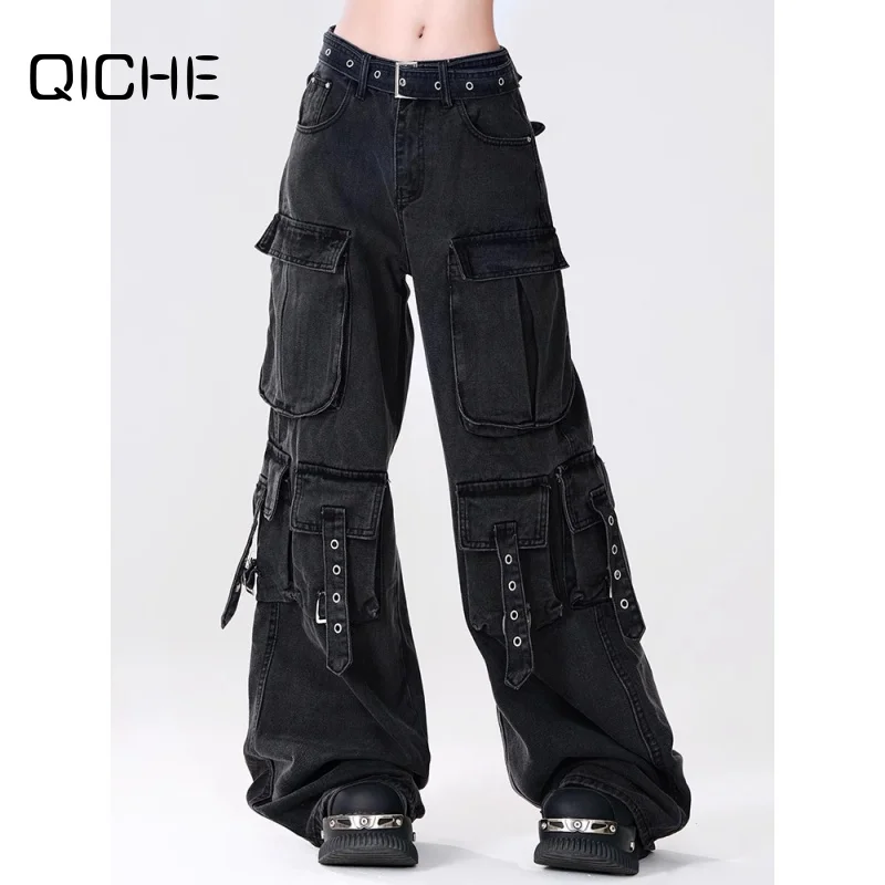 QICHE Men American High Street Cargo Denim Pants Heavyweight Multi‑Pocket Straight‑Leg Loose Wide‑Leg Casual Jeans