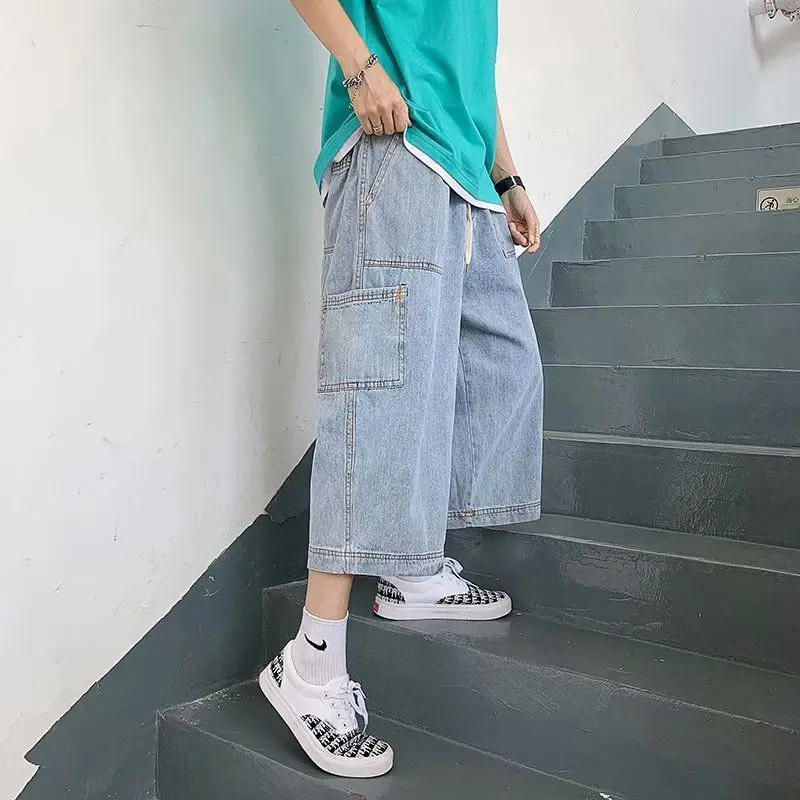 Denim Shorts For Men's Summer Loose Fit Plus Size Shorts 5xl Straight Drawstring Elastic Waist Wide Leg Travel Vacation Capris