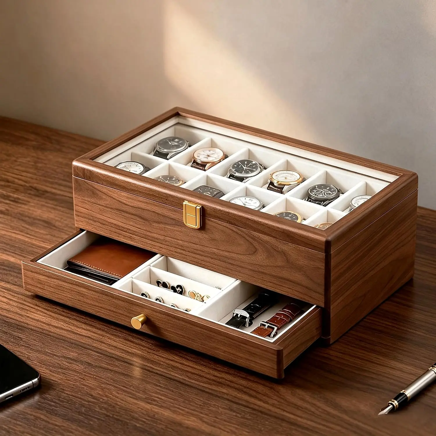 Walnut Wooden Watch Box Drawer Twelve Slot Mens Storage Display Case