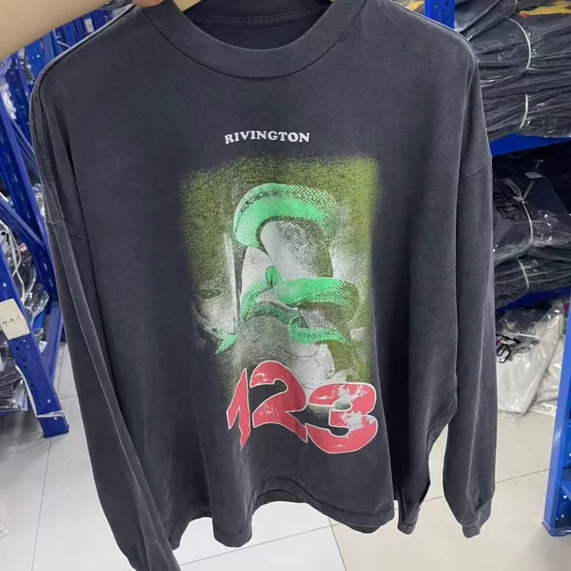 

Футболка унисекс высокого качества со змеиным принтом RRR123, потертая старая футболка с длинными рукавами и круглым вырезом