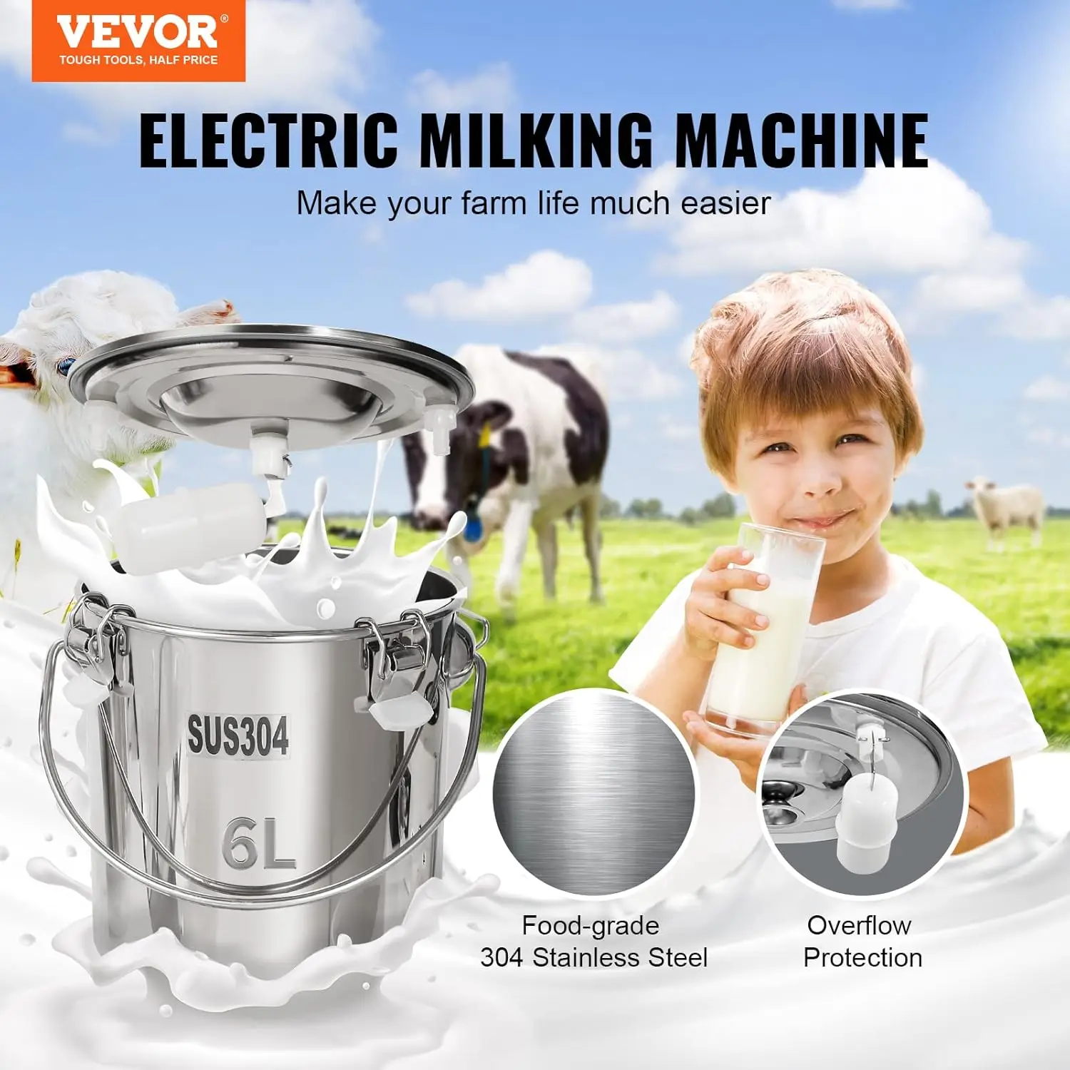 Goat Milking Machine, 6 L 304 Stainless Steel Bucket, Electric Automatic Pulsation Vacuum Milker, Portable Milker