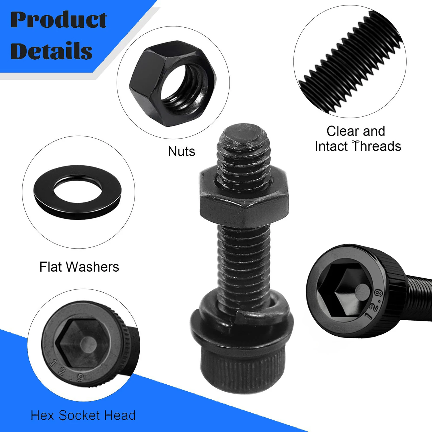 1000-teiliges M3 Innensechskantschrauben-Set, Güteklasse 12.9, M3x6-30mm, schwarze Schrauben, Muttern und Unterlegscheiben, für Heimwerker und Reparaturen – Detail 3